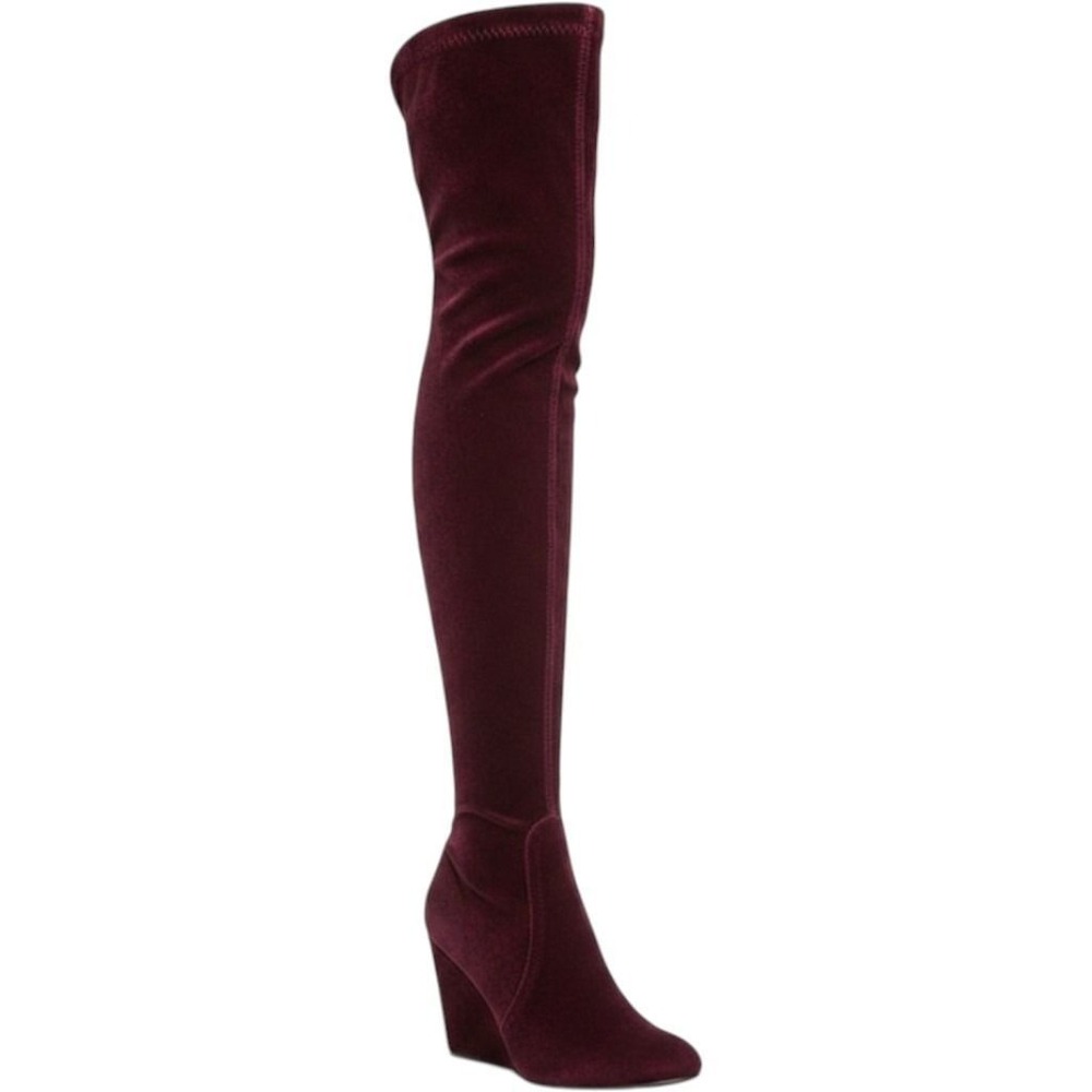 Burgundy Velvet Over The Knee Block Heel Boots Size 10M Wine Red